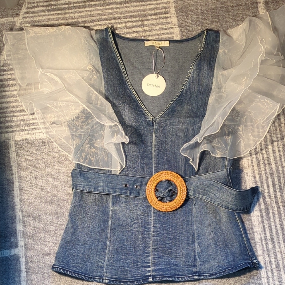 Pastels Clothing Blue Denim Blouse with Sheer White Sleeves and Brown Belt